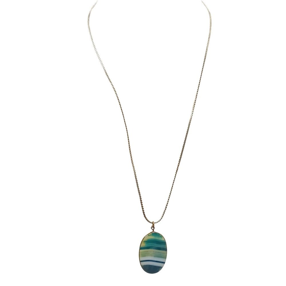 Vintage Gold-Tone Chain Necklace With Oval Striped Agate Pendant